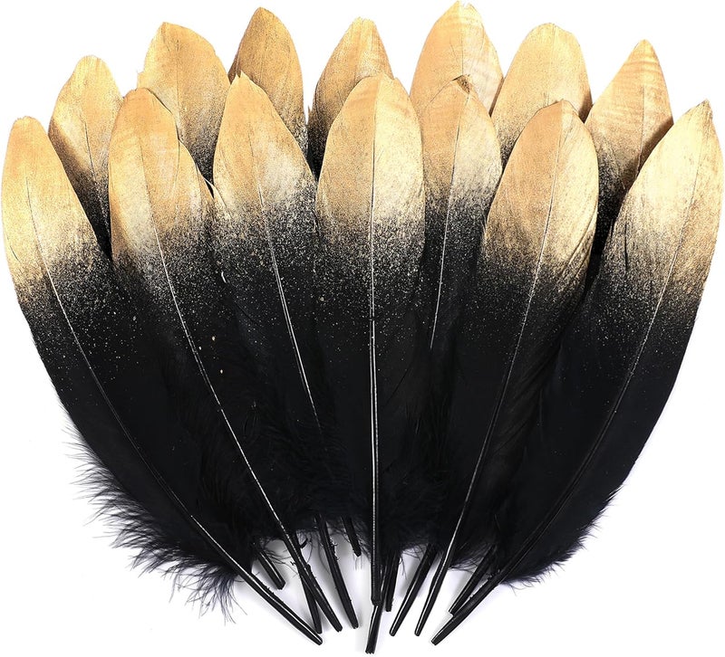Larryhot Dipped Gold & Black Goose Feathers for Crafts - 6-8 inch 60 pcs Natural Feathers for Wedding Party Decorations,DIY Crafts and Clothing Accessories (Gold & Black) - Image 1